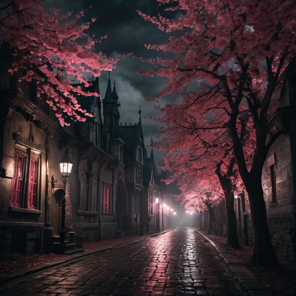 Surrealist cityscape, medium shot. Haunted House Castle with glowing Crimson Pink Enlightened Illuminated ...  by @ReAlyssee