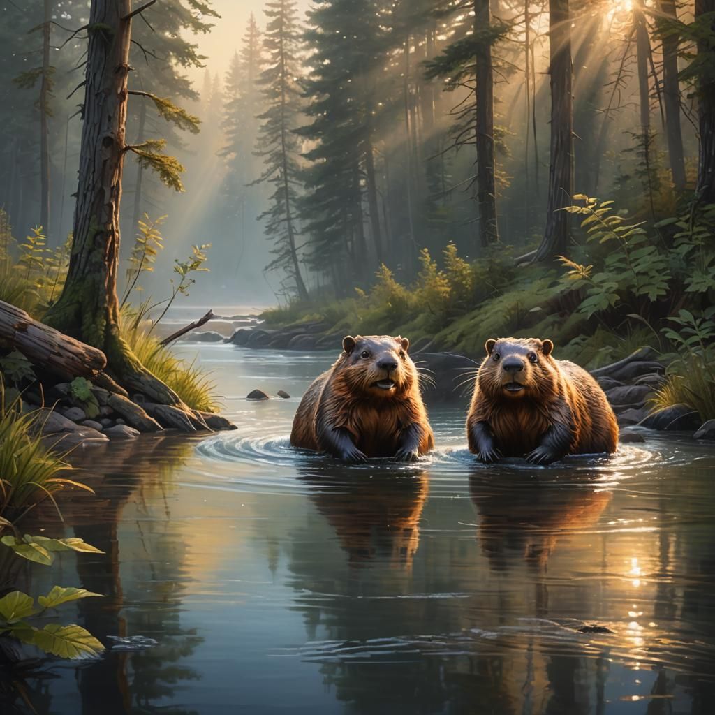 Clear happy detailed painting of two beautiful beavers in a river in a ...