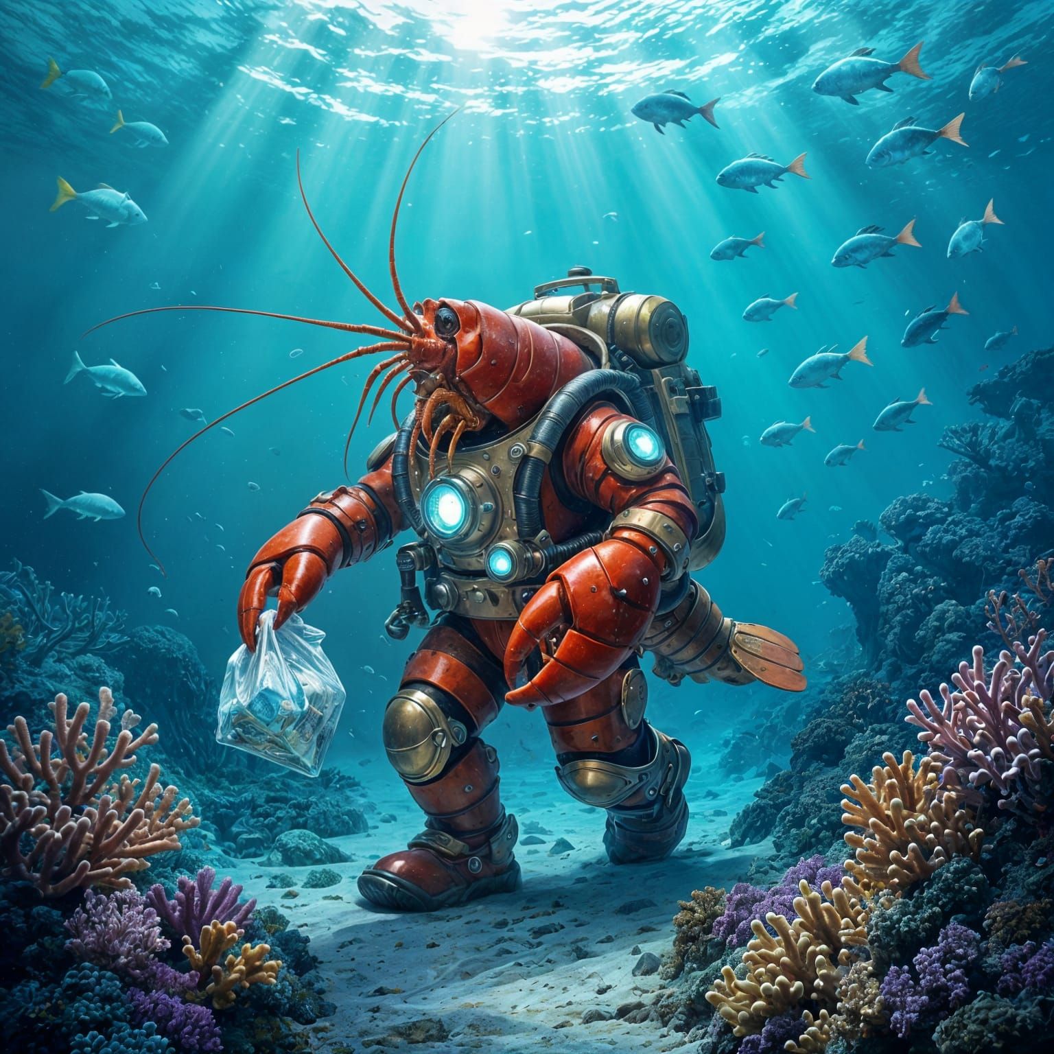 An anthropomorphic lobster in a deep-sea suit walks along the ocean floor collecting trash  by @Zacharo