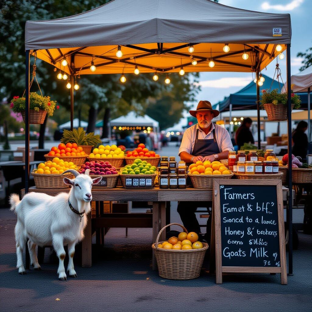 Farmer selling produce at the farmers market with his pet goat  by @Borislav Hawkins