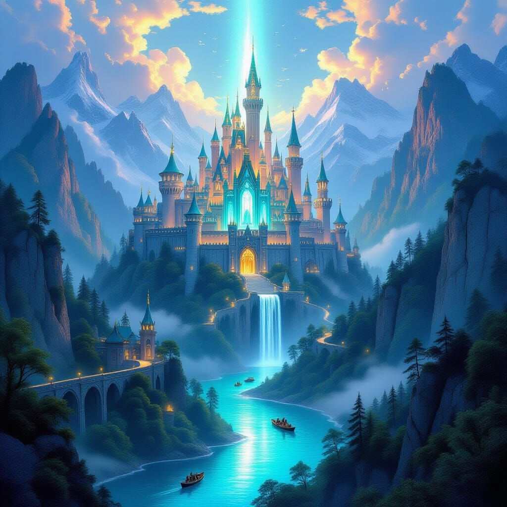 Majestic fantasy kingdom built across steep mountain valleys, with tall illuminated castles, glowing windows, high spires and detailed gothi...