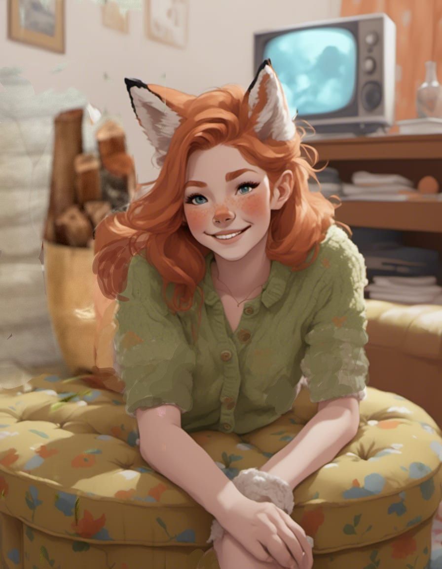 Fox-girl VIXEN leans on a foot stool.