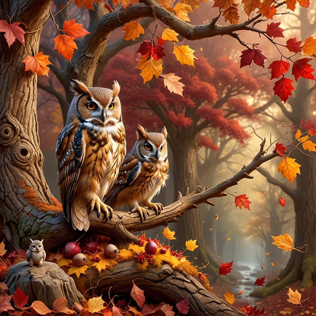Owl Watches Squirrels in Fall