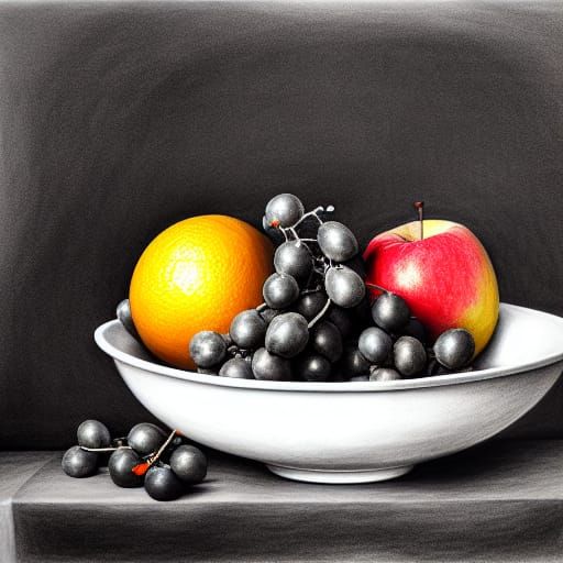 charcoal fruit bowl with chalk fruit