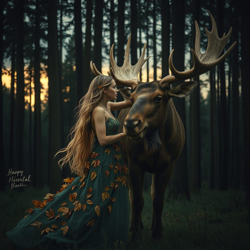 (An ethereal woman with flowing blonde hair gently embracing a large, majestic moose with impressive antlers), their heads touching in a ten...