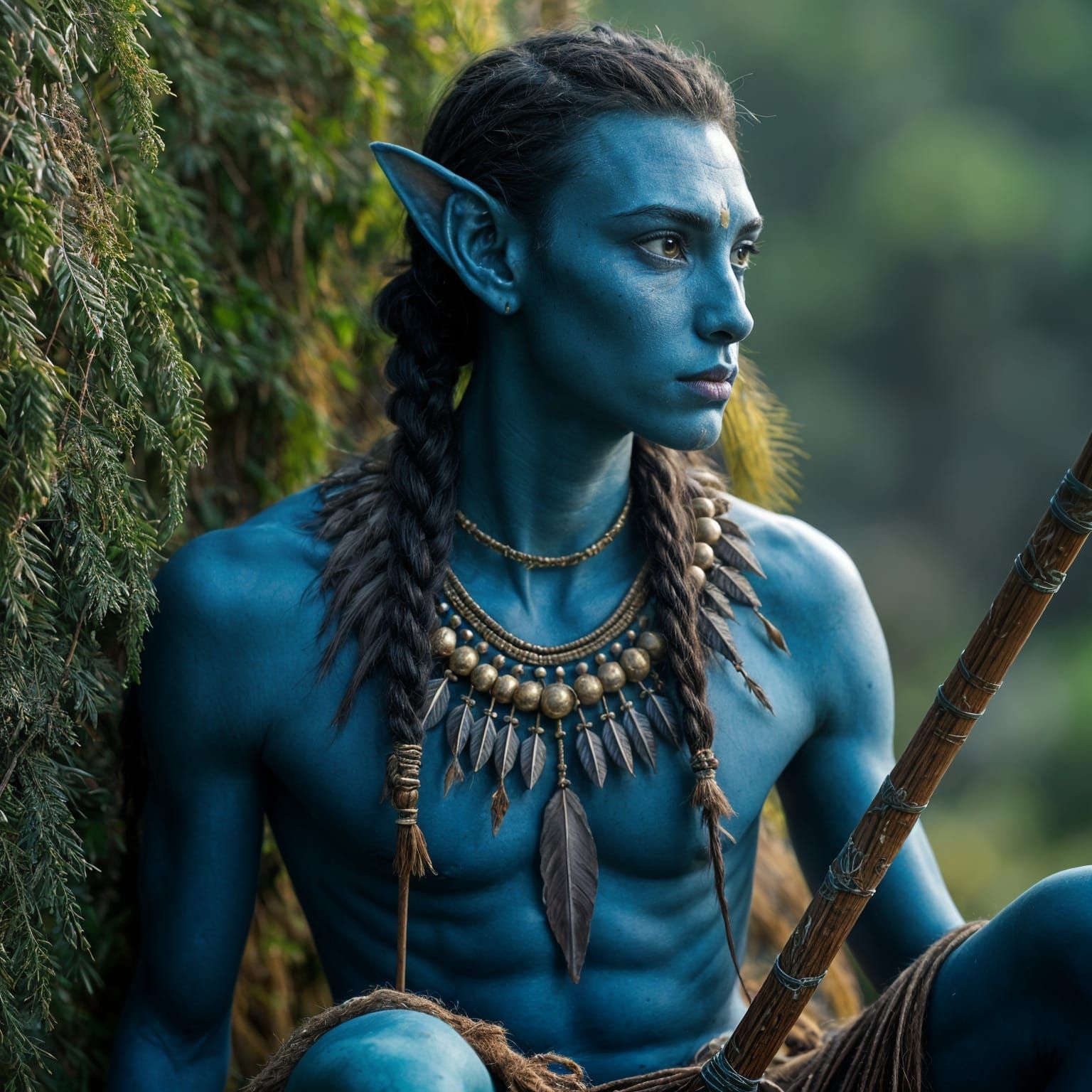 a na'vi from avatar. deep, dark blue skin with wide, hazel eyes. he is masculine yet lithe, bordering on androgynous, with a soft jaw and pl...