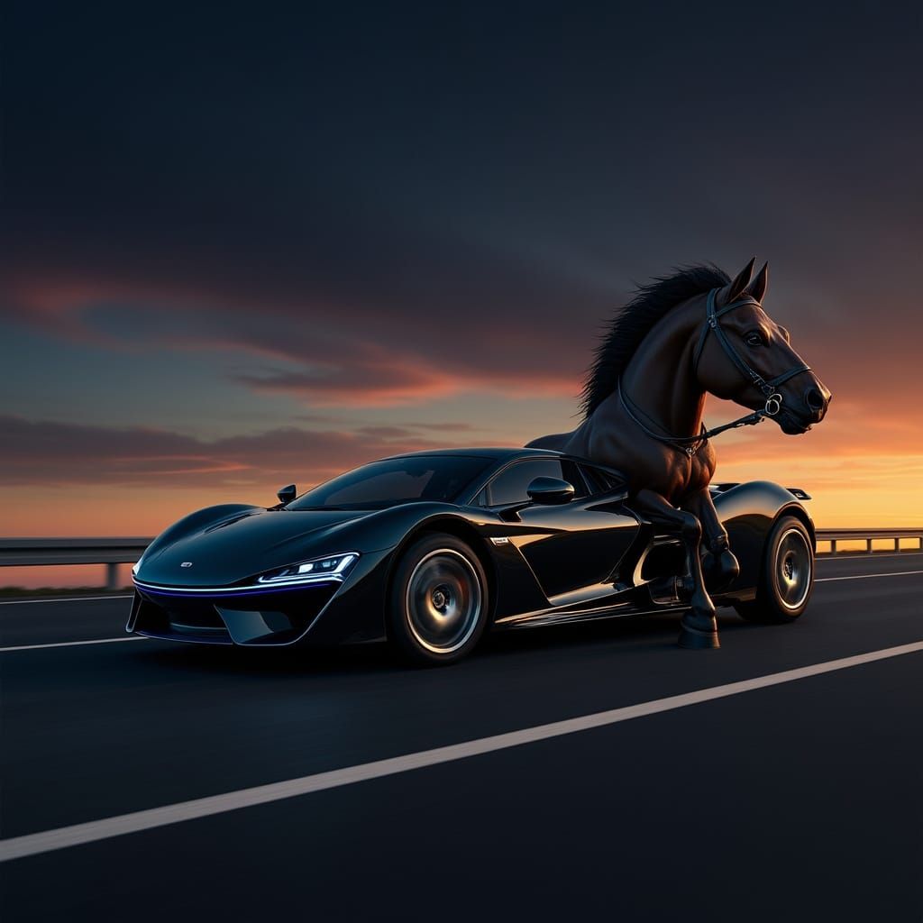 A cutting-edge racing car travels on a highway, a horse pulling it in front, a rail-like image