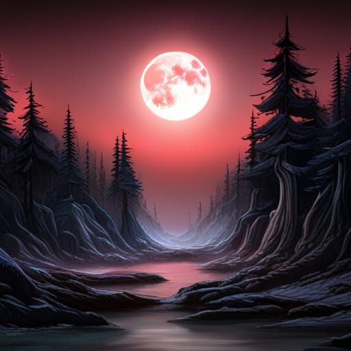 Spooky Forest, Lunar Eclipse, Night, Blood Moon, Bioluminescence 