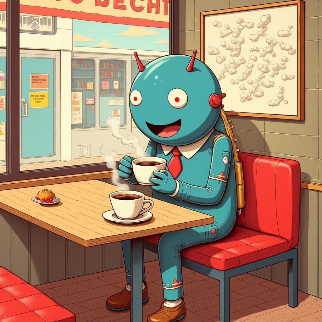 <lora:No Coffee 4 Androids:1.0>
Android drinking coffee in a cafe by the table