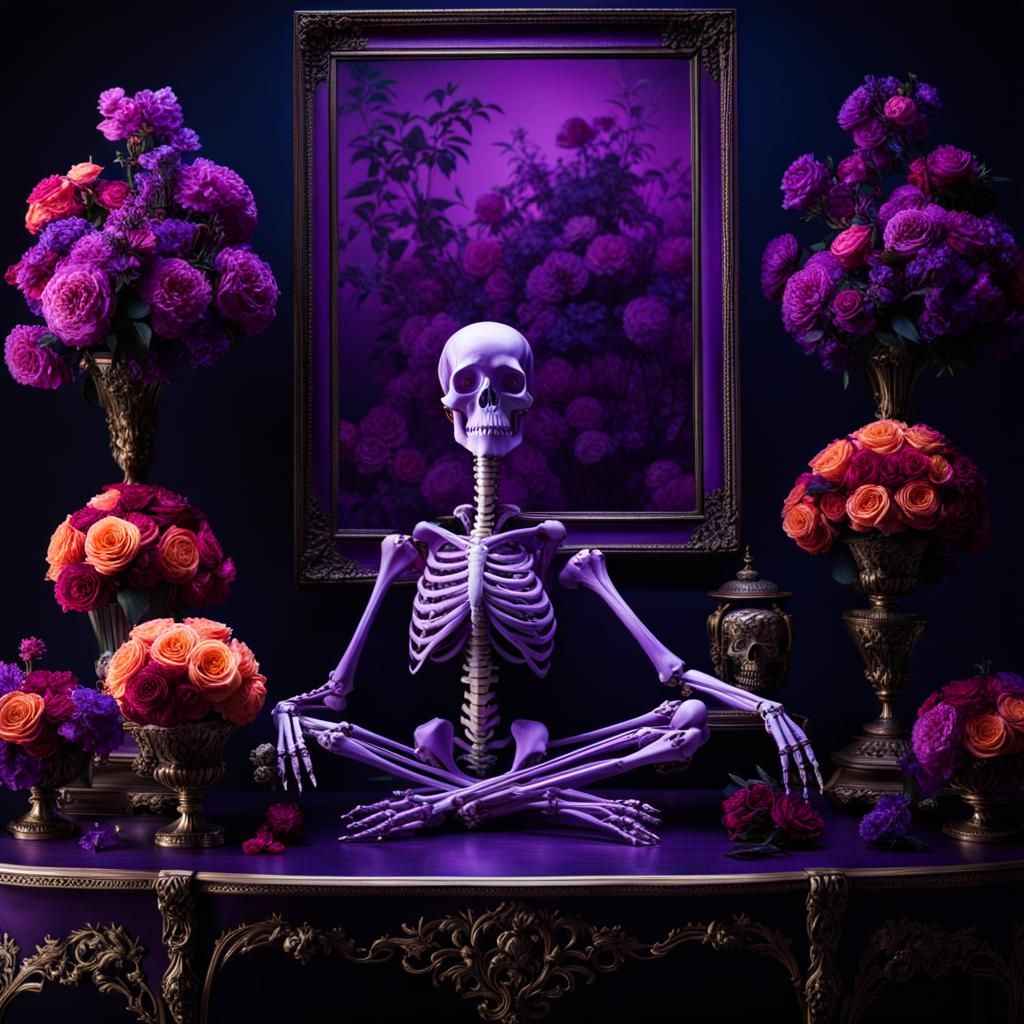 Purple skeleton, floral, ikebana,