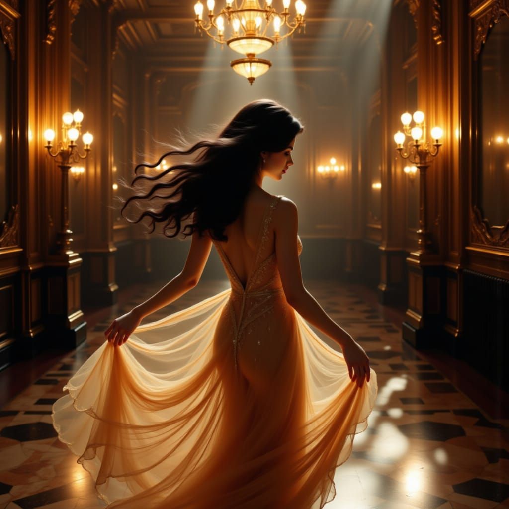 Elegant Woman Dancing in Art Deco Ballroom