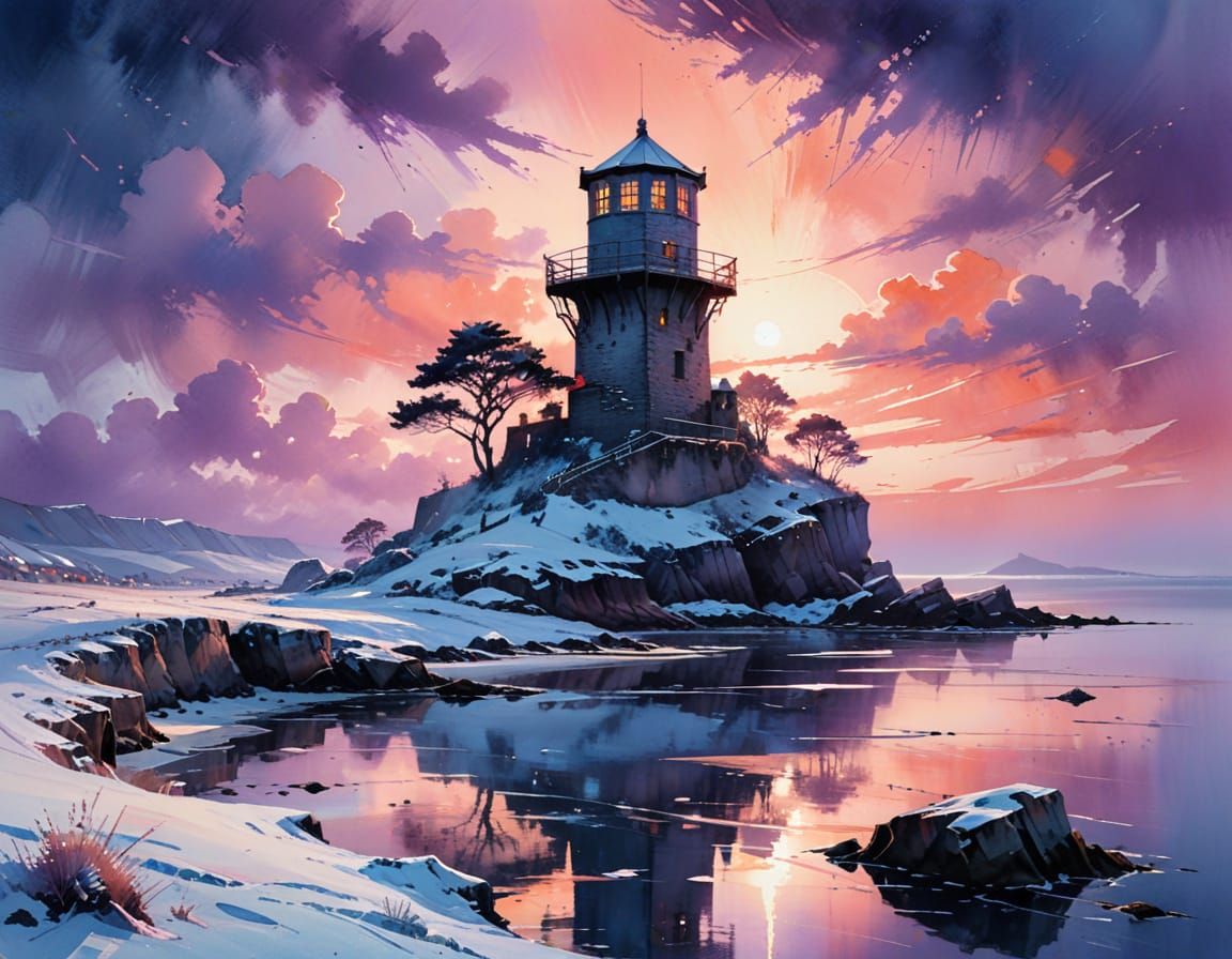 Lighthouse Against Stormy Sea at Sunset | Dramatic Waves and Sky in Textured Oil Impasto Painting - Start Image 1