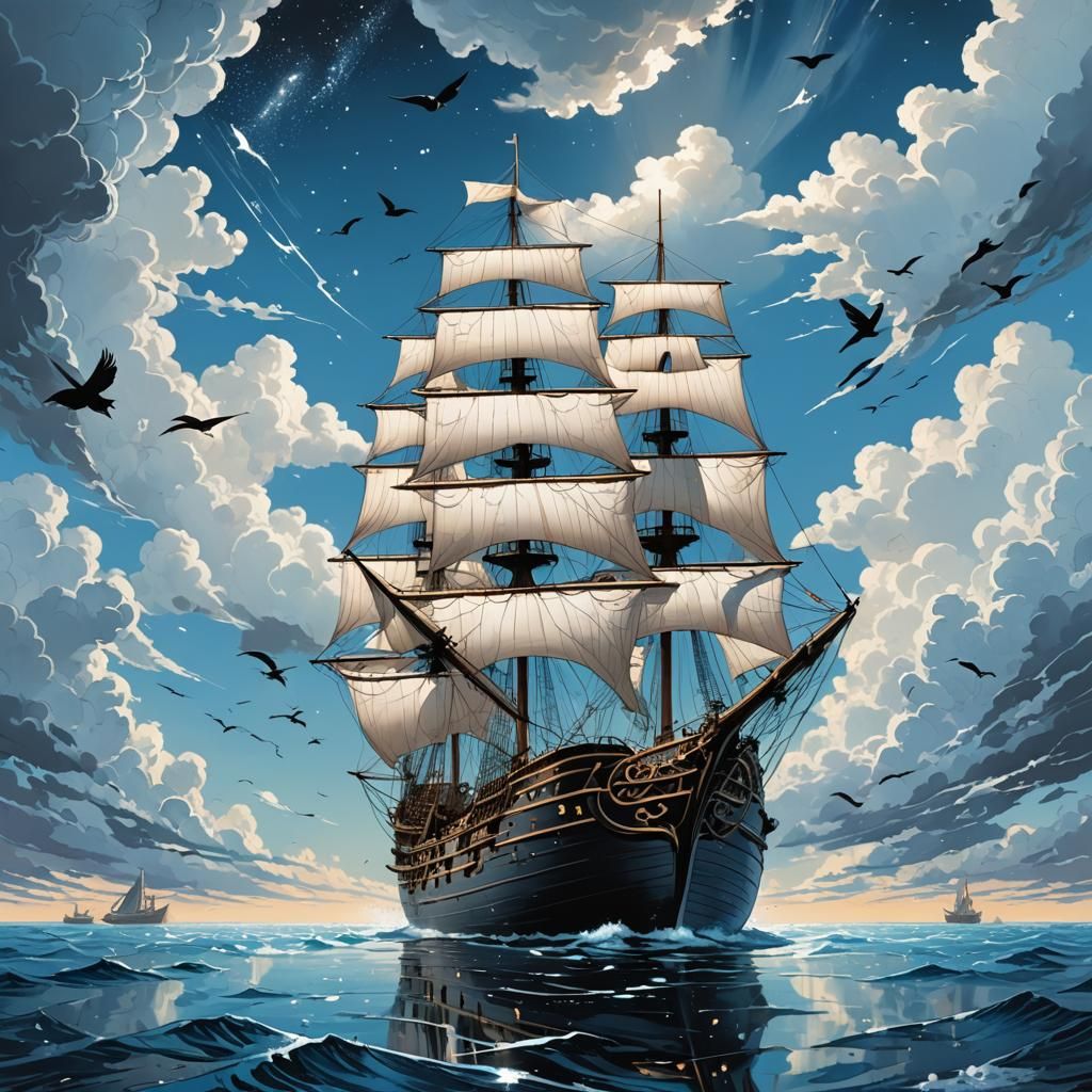 ship with white sails in a blue sea without waves, the ship ...