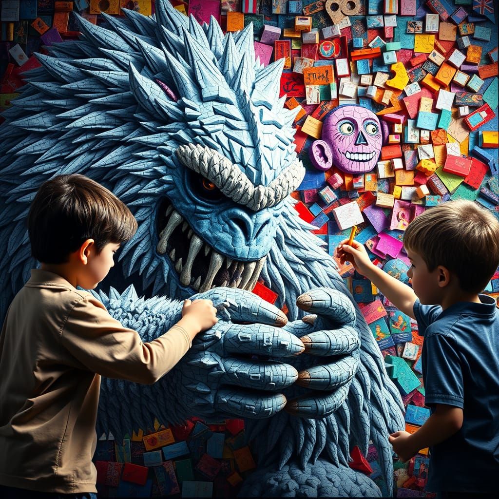 Children Assemble a Hyperrealistic Yeti Mosaic in Colorful A...