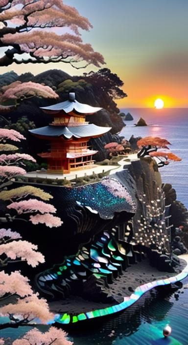 (Beautiful Japanese Obsidian Panel Sakura Temple Cliffside Scene Overlooking The Ocean During Sunrise Created With Mosaics Carved Opalescent...