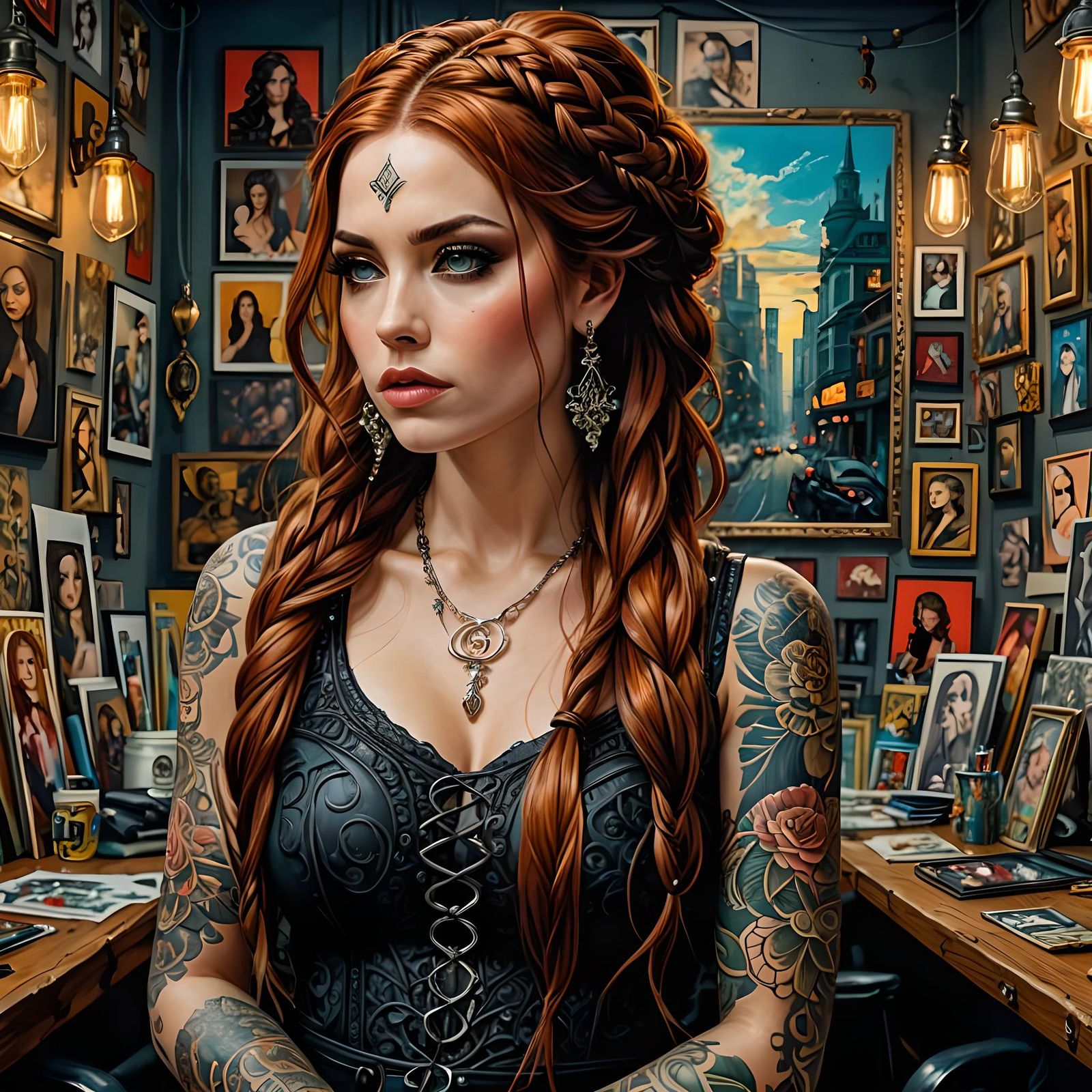 Beautiful female artist, long braided auburn hair, piercings, tattoos ...