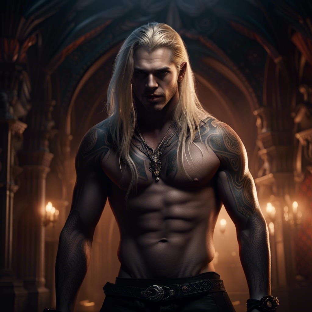 Tattooed Vampire with Fangs in Leather Armor