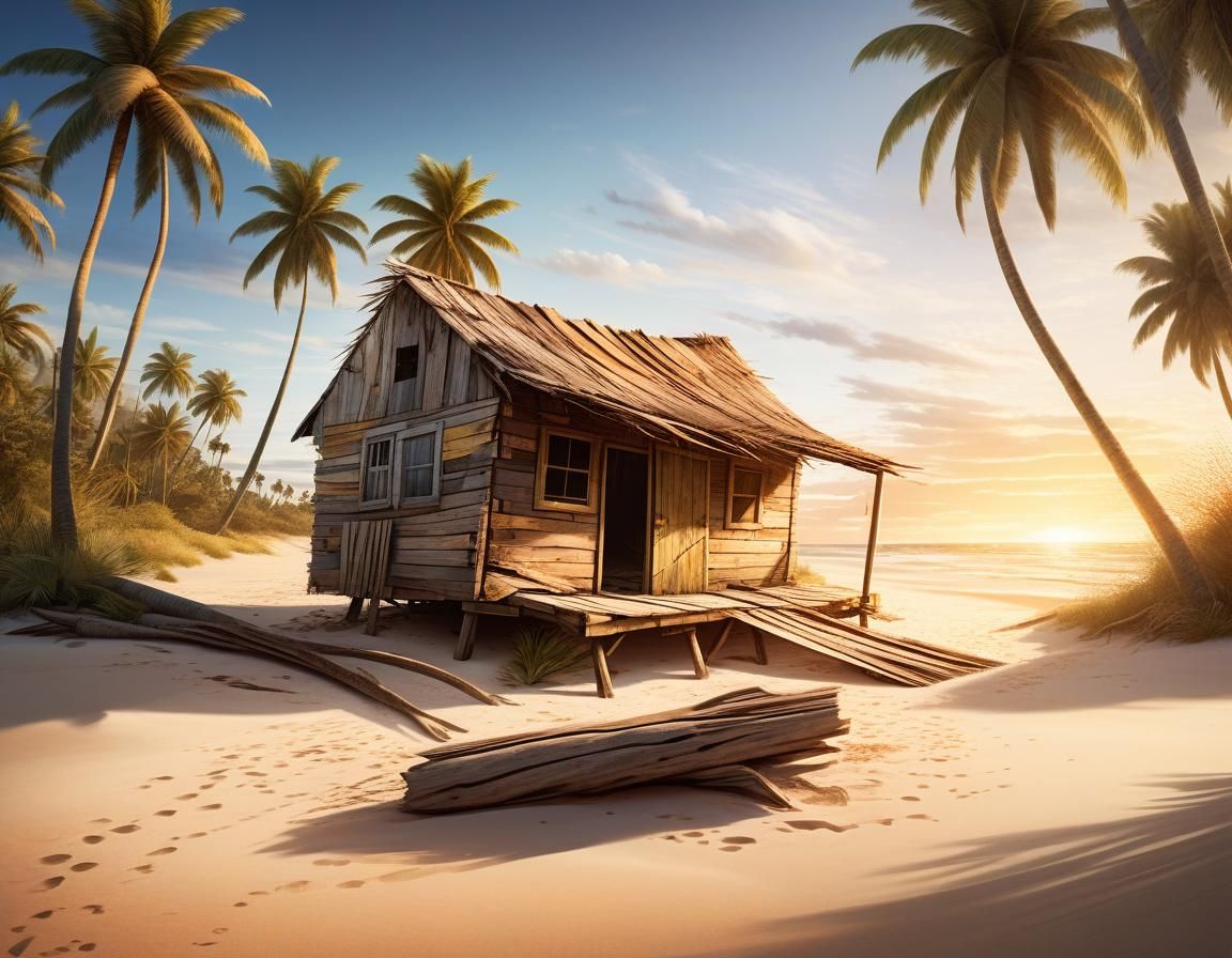 Seascape concept art. Wide-angle shot. A tumble down shack s...