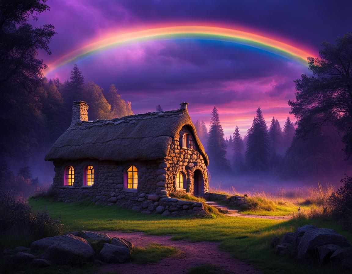 Neolithic, Cottage, Masterpiece, Forest, Rainbow, Violet Sky...
