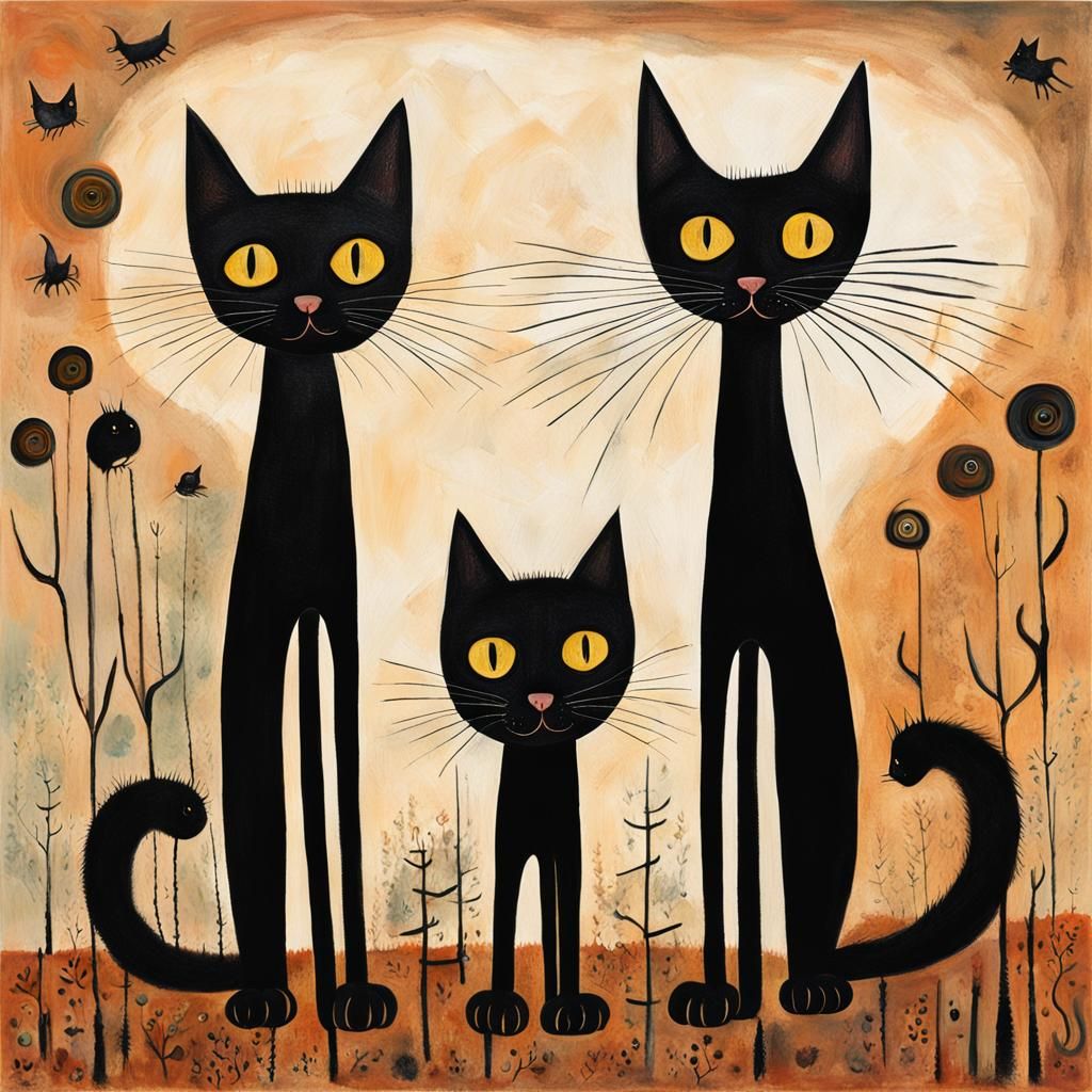 A surreal abstract painting depicting two black cats with ex...