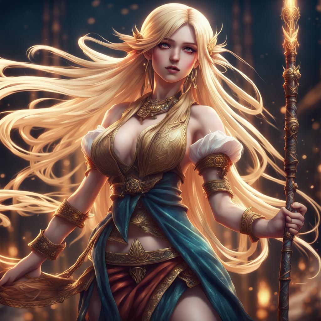Voluptuous Anime woman long, straight blonde hair that reach...