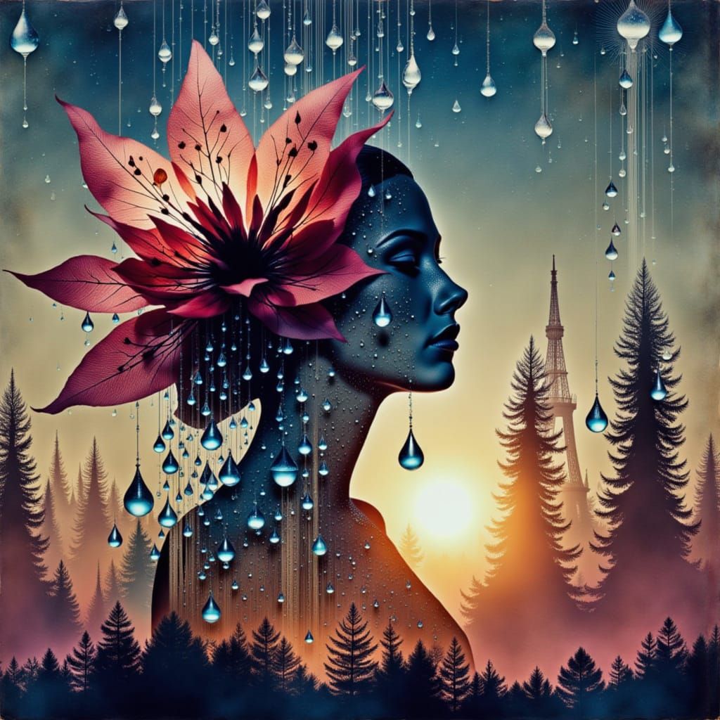 Imagine a mixed media digital collage featuring a semi-abstract photo elaborately embellished with intricate details and textured elements. ...