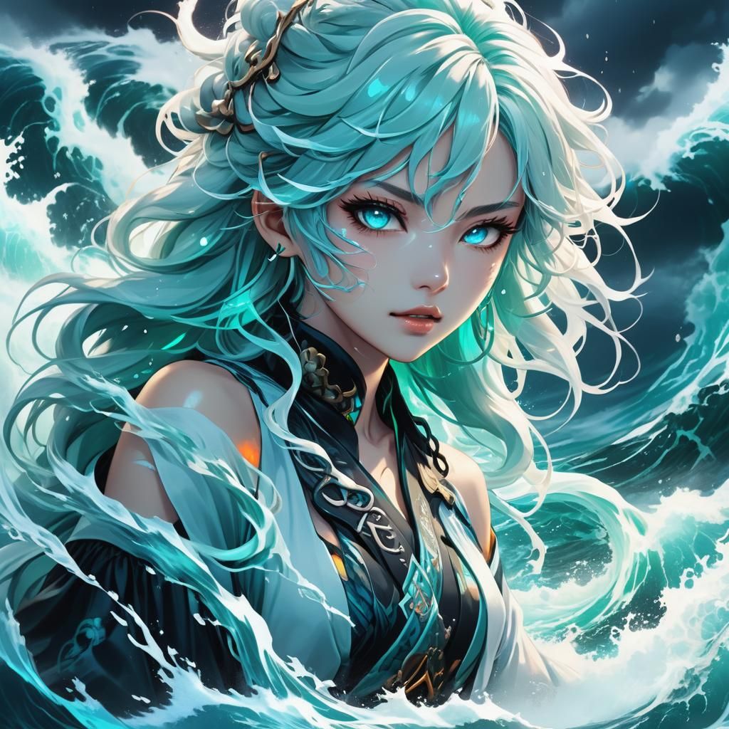 Nordic Serpent Girl in Stormy Sea: Anime Art