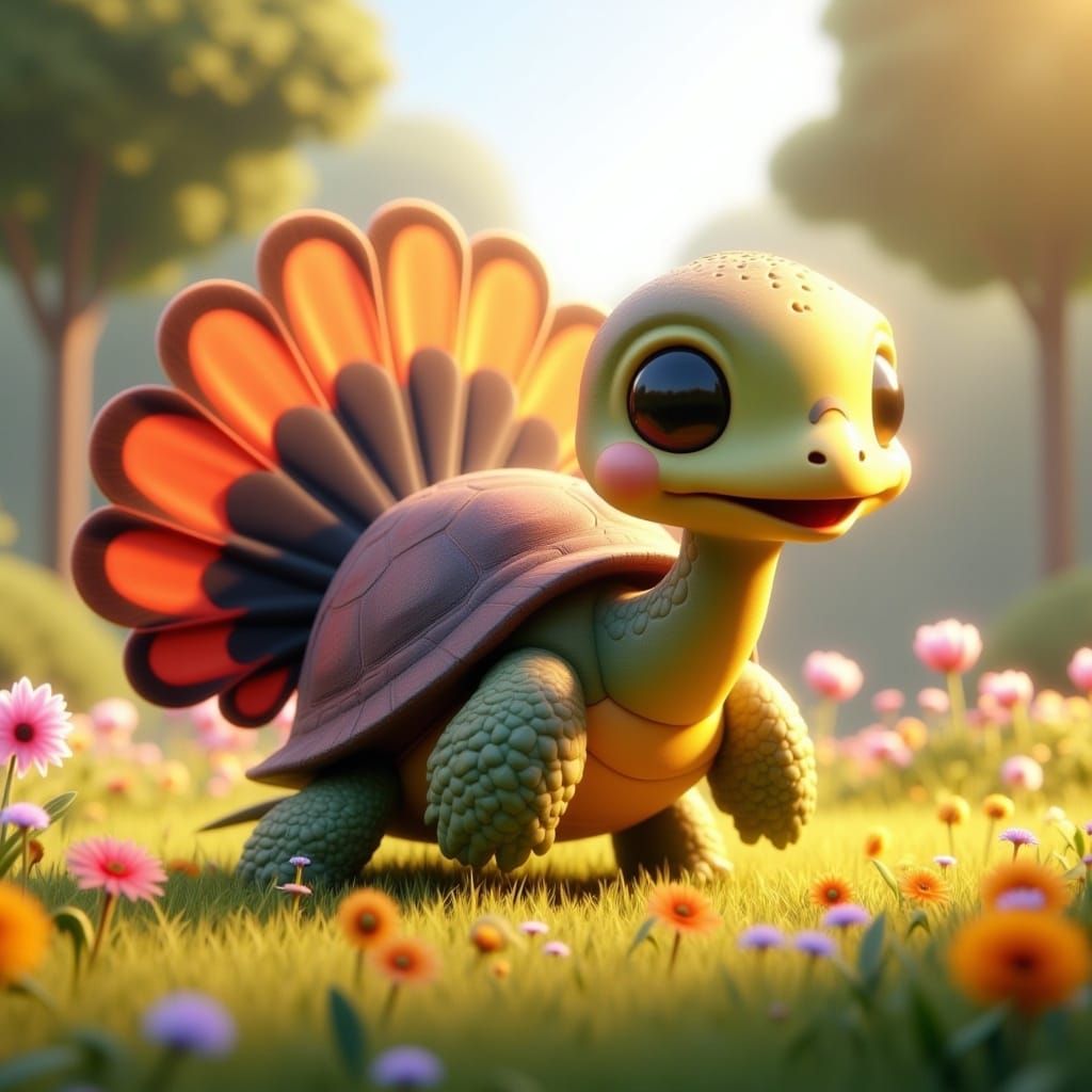 <lora:Kyootness:1.0> A charming computer-generated imagery (CGI) cartoon scene featuring an endearing and comically designed turtle with the...