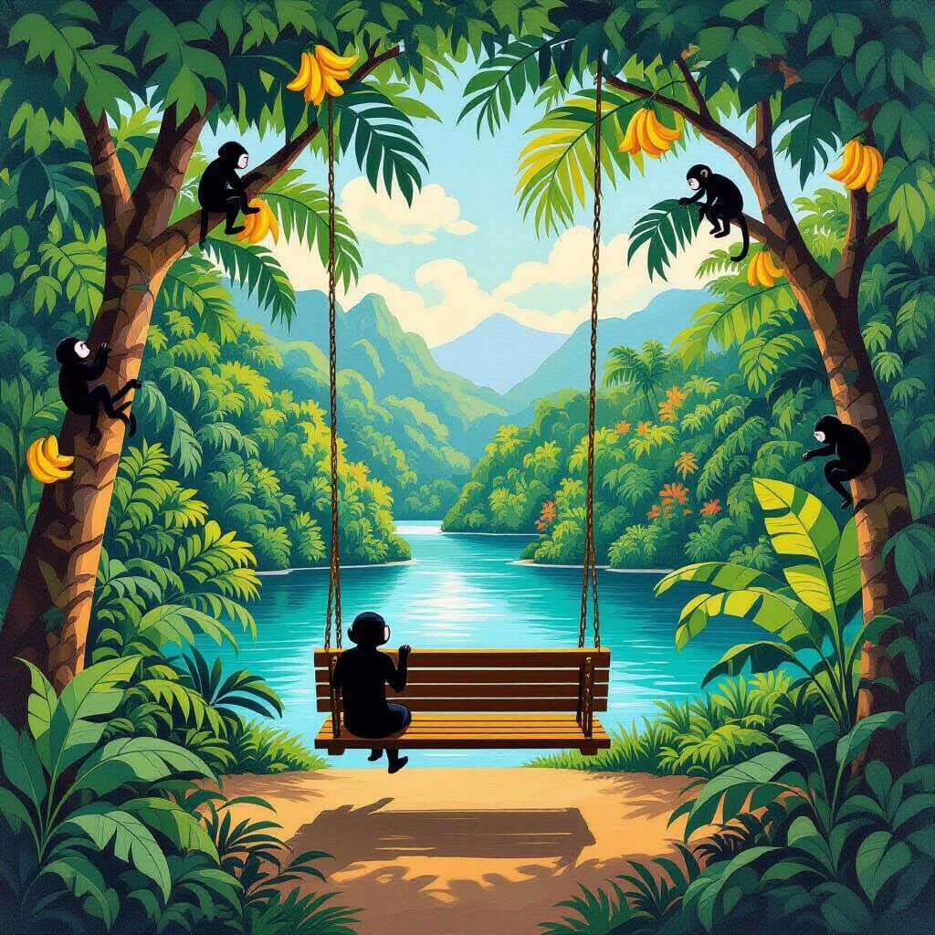 Jungle Swing Bench with Monkeys in Naive Art Style