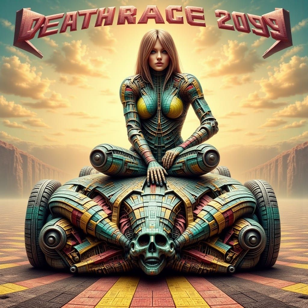 Cyberpunk Warrior Rides DeathRace 2099 Car in Vibrant Graffi...