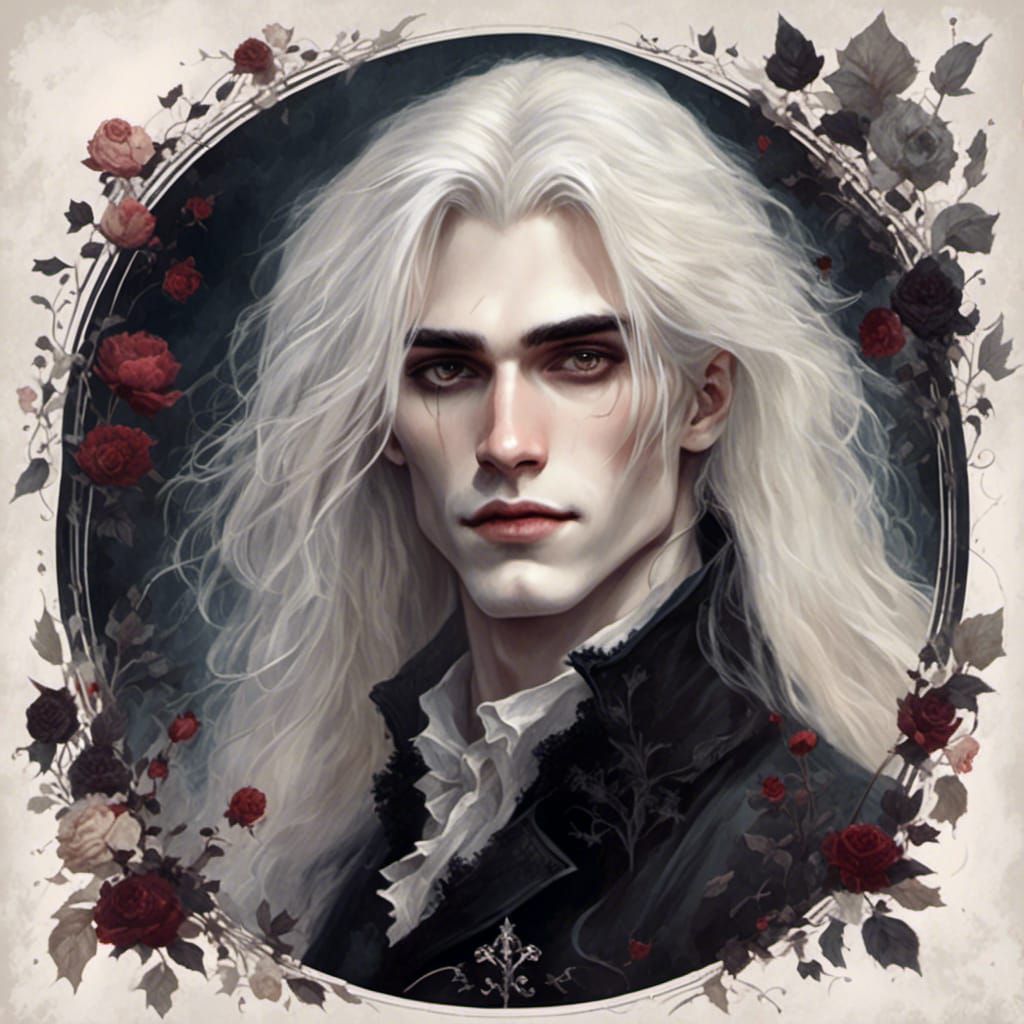 <lora:Fairytale dark:1.0> Very pale skin young lean man with white hair, long hair,  painting style, very dark colors, vampire, gentle, femi...