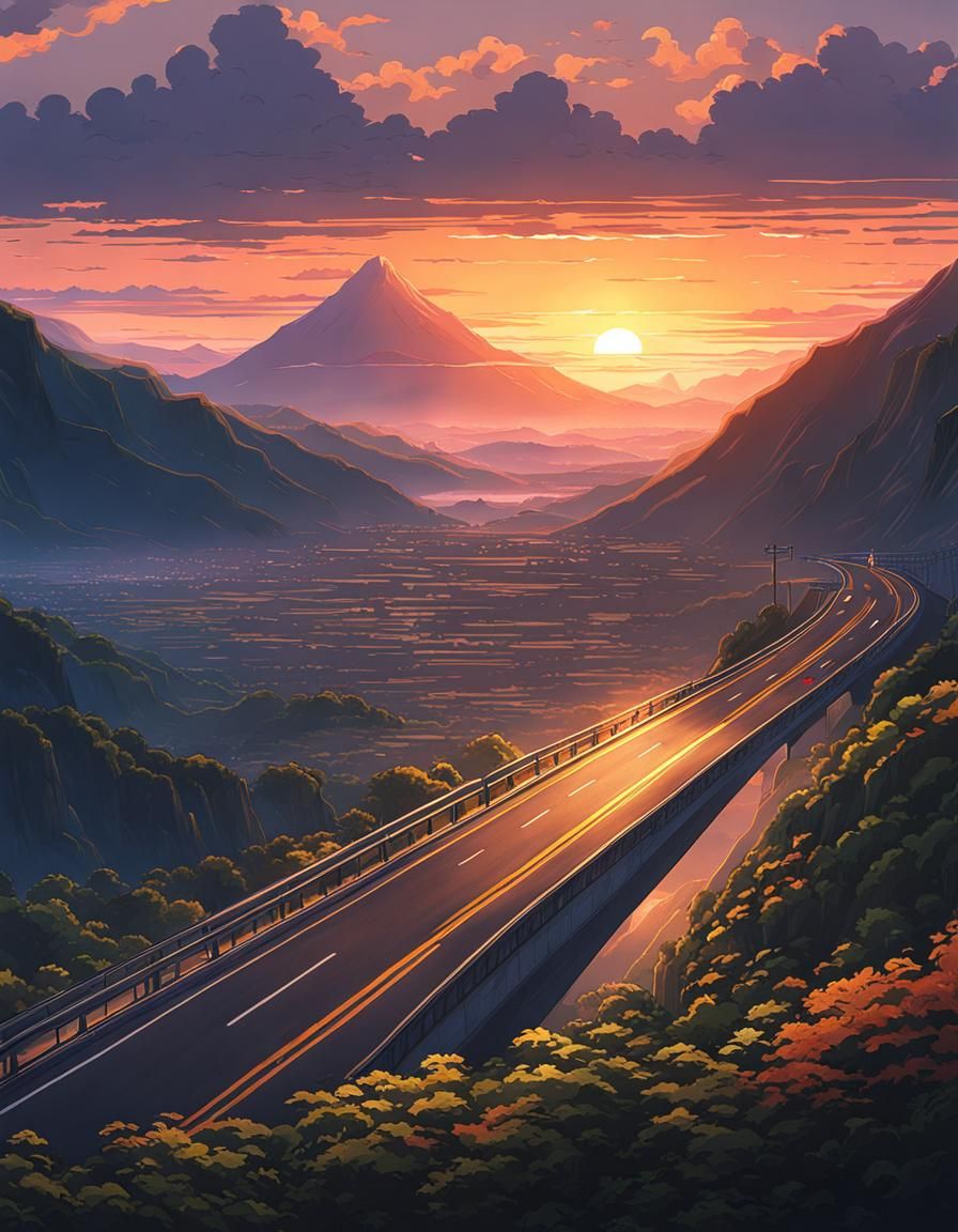 Apocalyptic world with mountains and  sunset and  trees