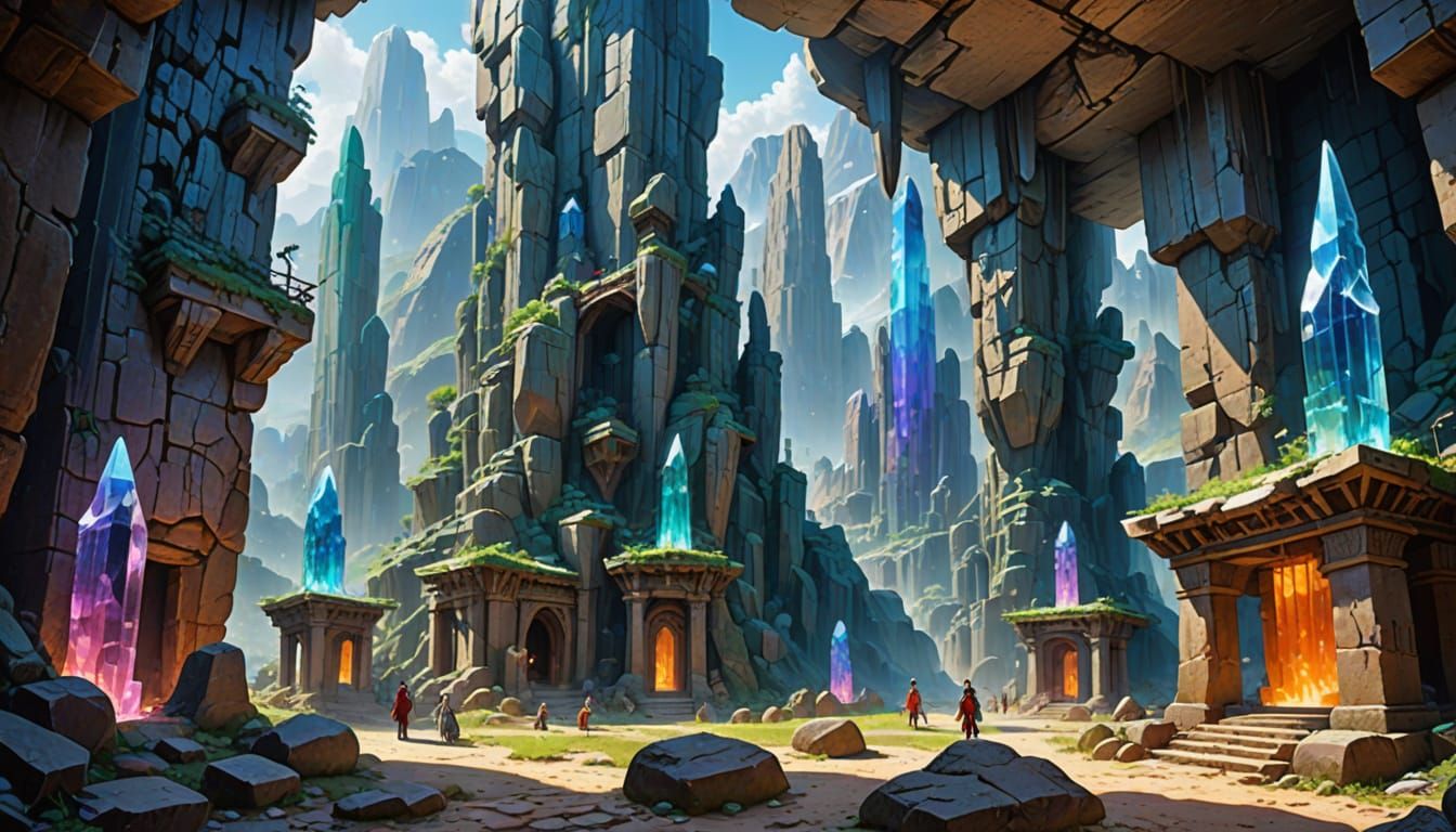 Mythical Crystal Village Amidst Towering Crystal Columns