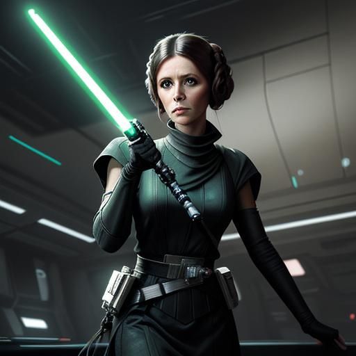 Princess leia from star wars wielding a glowing light sabor