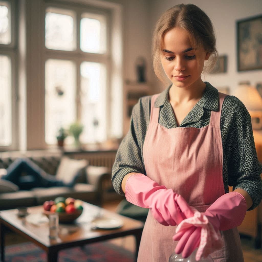 A German domestic worker (aged 25) cleans the living room of...