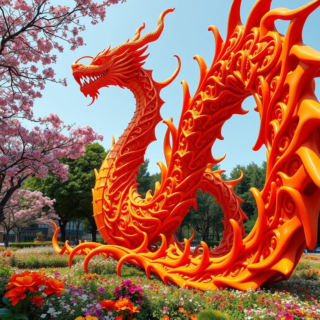 Vibrant, Abstract Dragon Sculpture in a Serene Park Setting