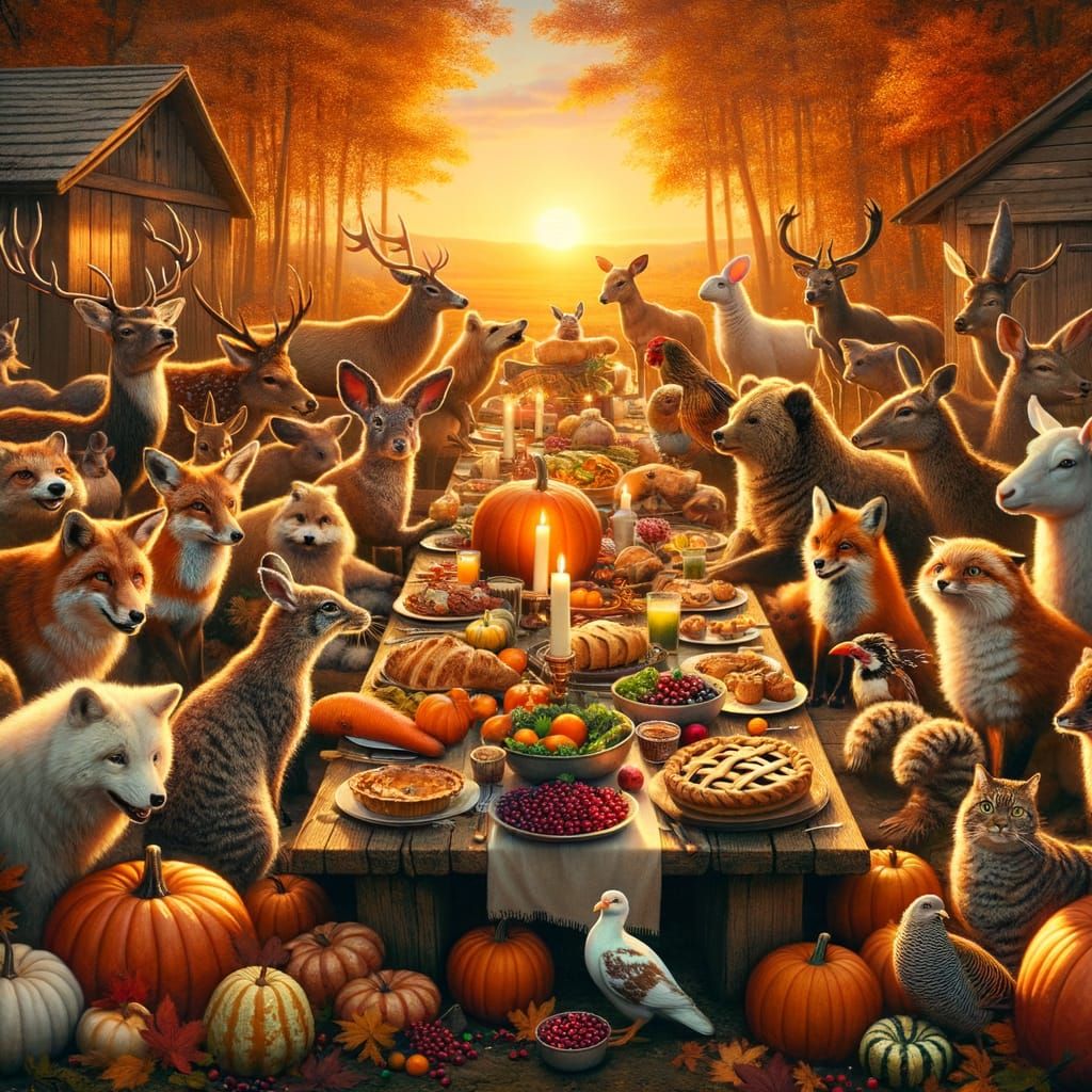 “A hyper-realistic, richly detailed animated scene of diverse animals hosting a Thanksgiving feast in a rustic farmyard ...