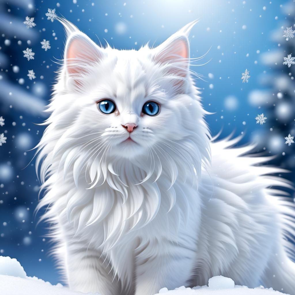 Fluffy white cat in the snow - AI Generated Artwork - NightCafe Creator