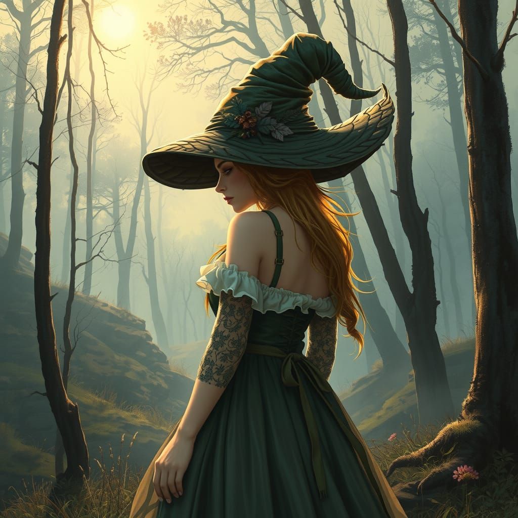 Strolling through woods in a fancy hat