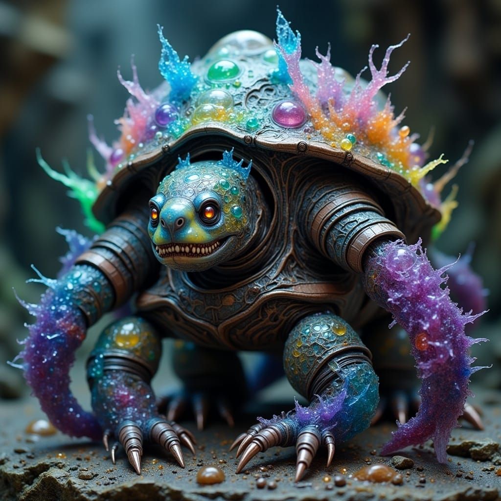A extreme alien TURTLE from the year 3000. Covered in symbiotic Mold Growth

<lora:Smokey Spring Flux:1.0> 