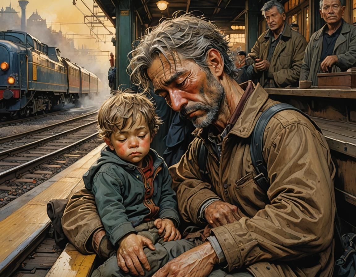 the little toddler boy sits leaning against his father and s...