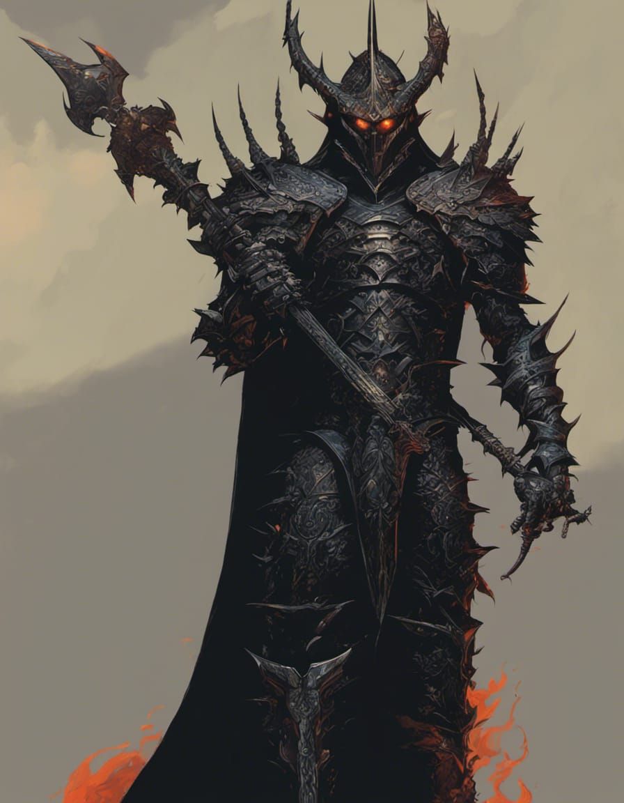 Sauron in black spiked armour, with a two handed axe, magic the ...