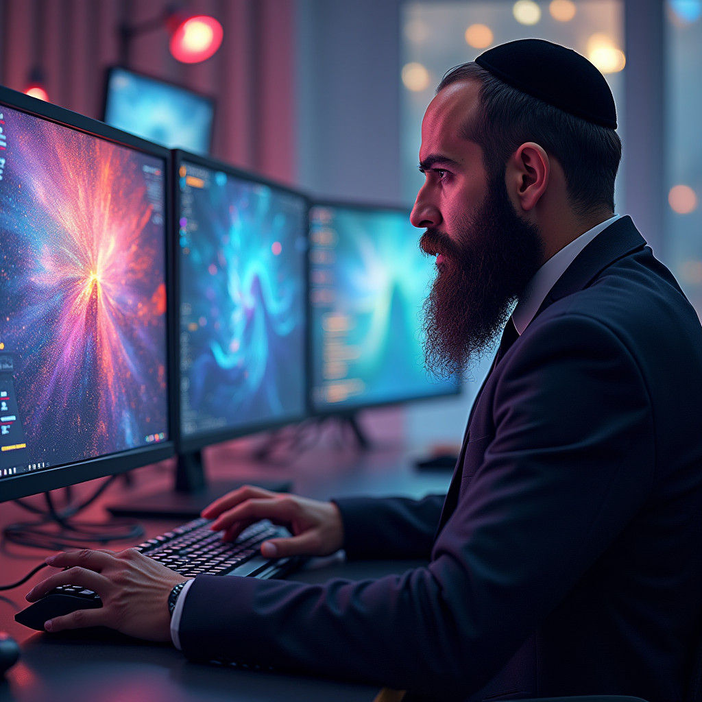 Orthodox Jewish Man in Futuristic Digital Realm