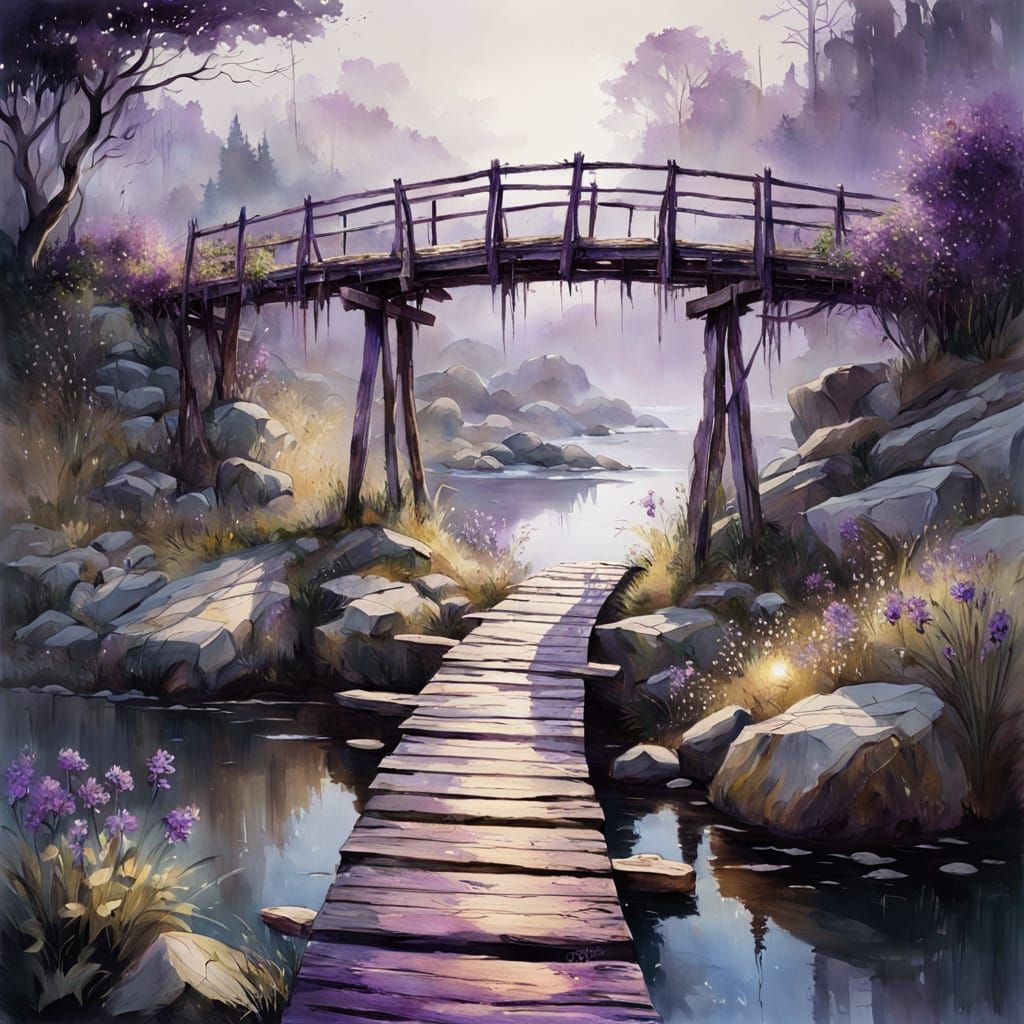 In this vintage hyperrealistic painting, a beautiful, old, dilapidated wooden bridge over a rocky lake ...  by @GRAZYNA-BARBARA