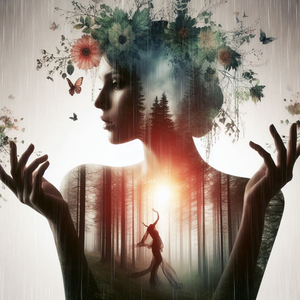 double exposure beautiful fantasy DALL-E 3 portrait landscape..