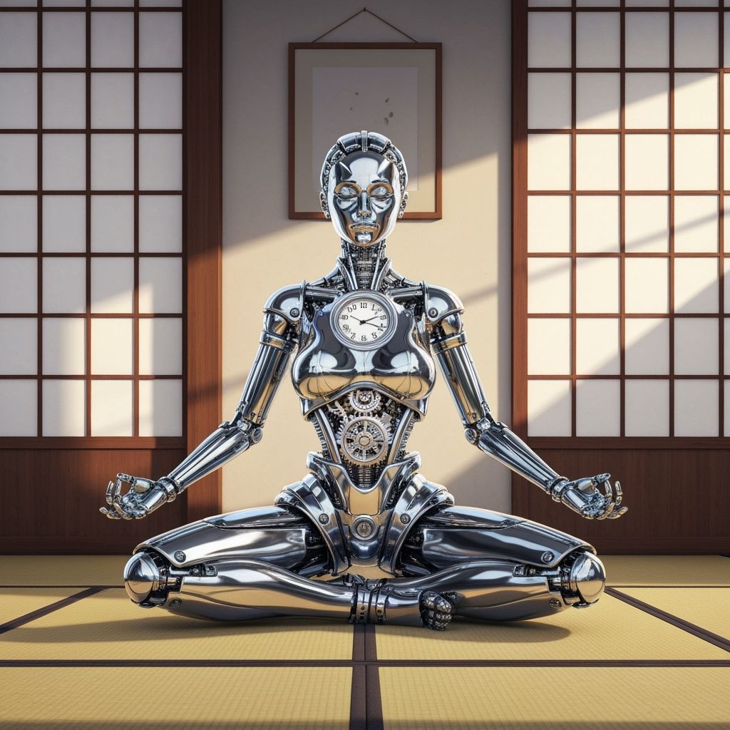 Clockwork Woman Meditating in Sunlit Dojo