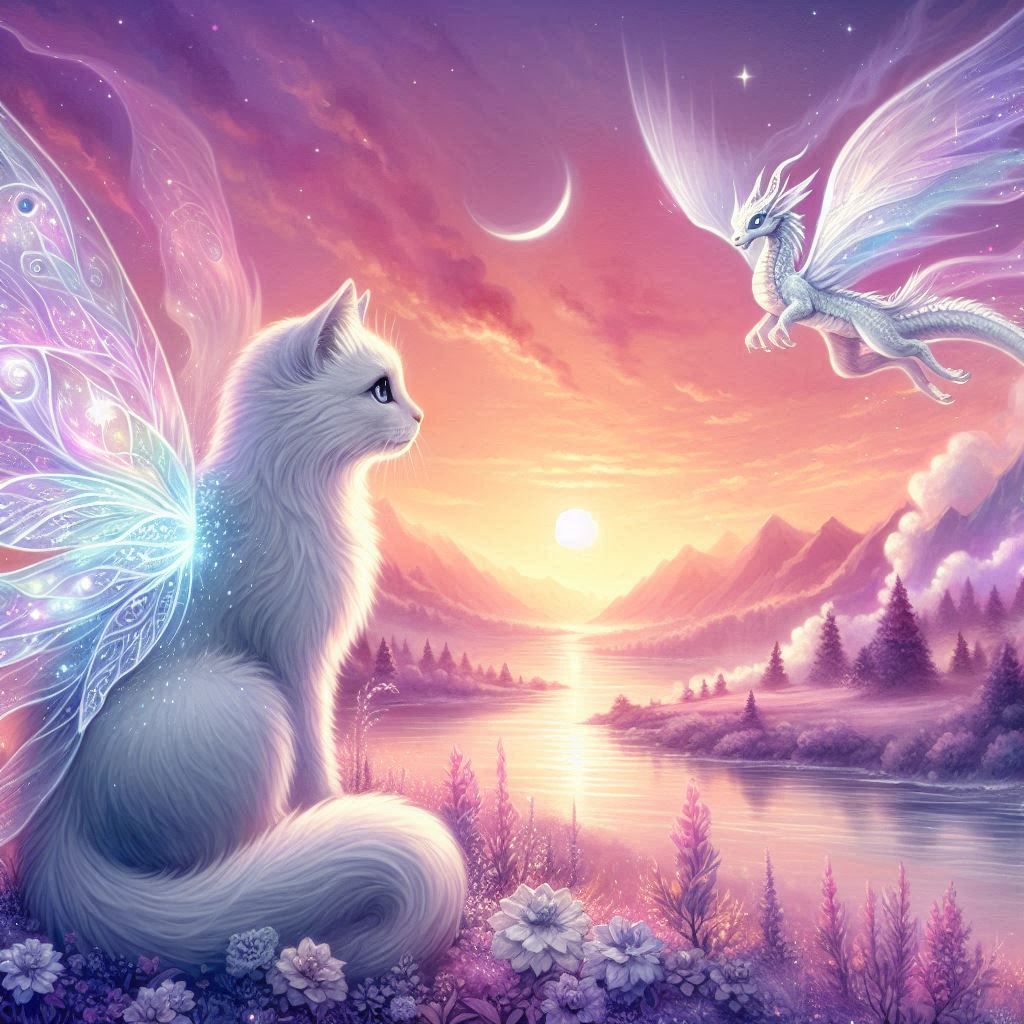 fantasy, fairy cat and a dragon.