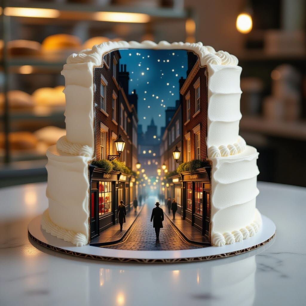 A white cake on a bakery counter. The cake unfolds into a real, tiny bustling 1920s London street at night. Cinematic lighting, enchanting, ...