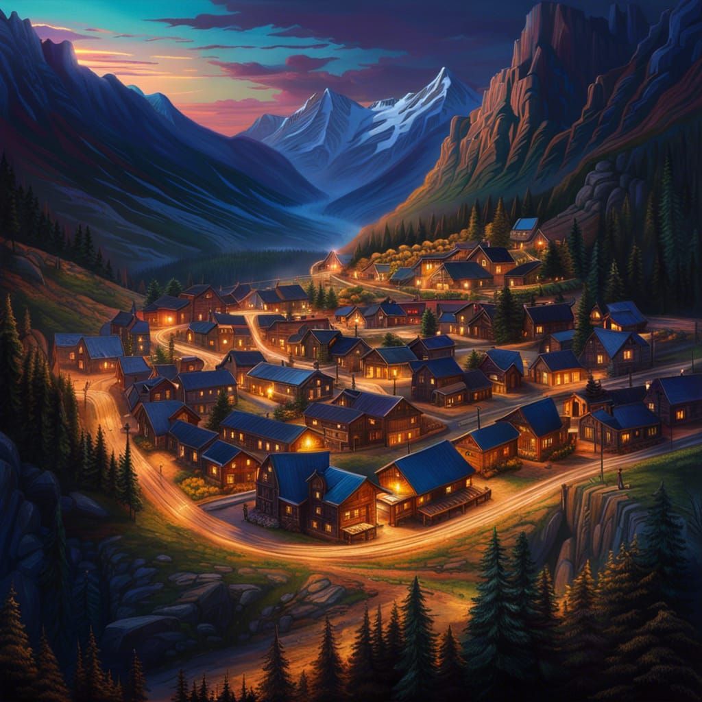 mountain town at night AI Generated Artwork NightCafe Creator