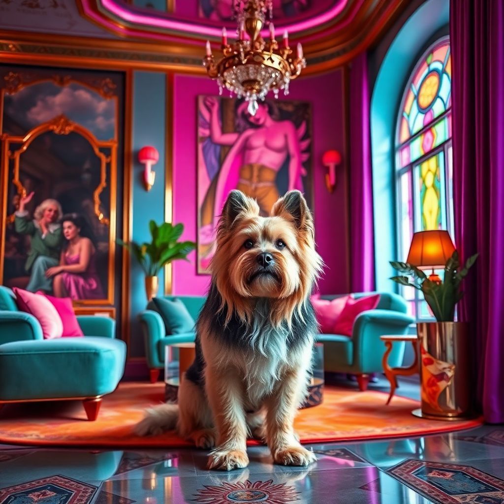 hairy dog, colorful apartment